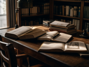 Biblioteca histórica com estantes altas e mesas de leitura, representando a busca por fontes confiáveis para trabalho acadêmico.