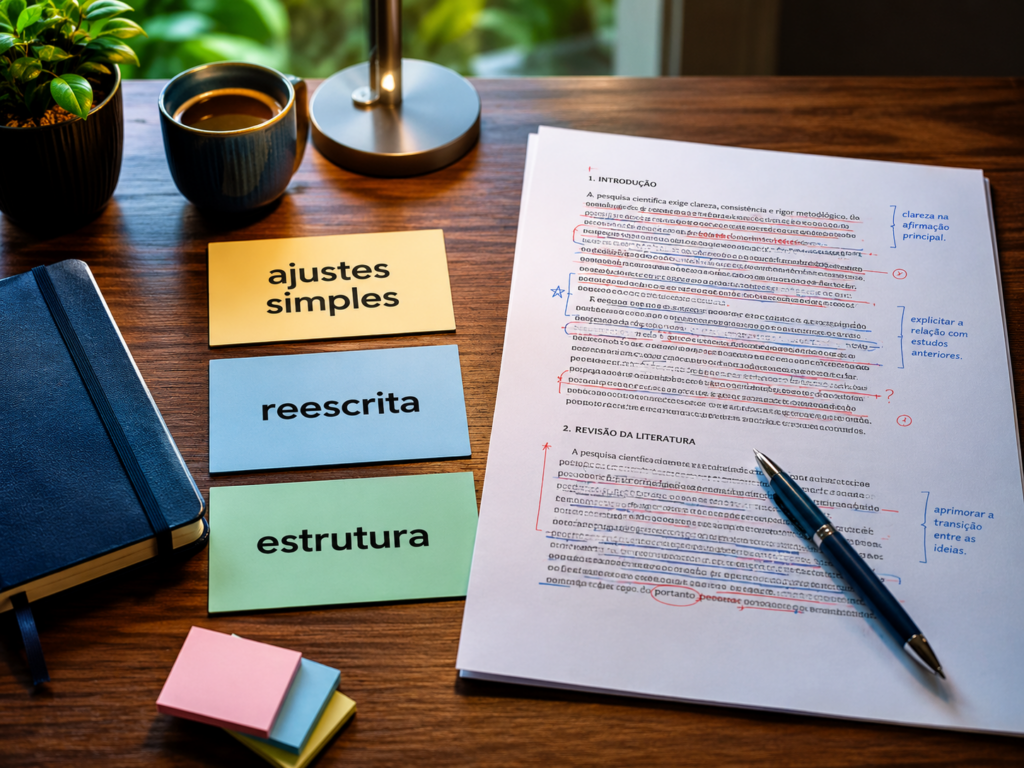 Mesa de estudo com trabalho acadêmico corrigido, marcações em vermelho e azul e cartões coloridos organizando as correções em ajustes simples, reescrita e estrutura.