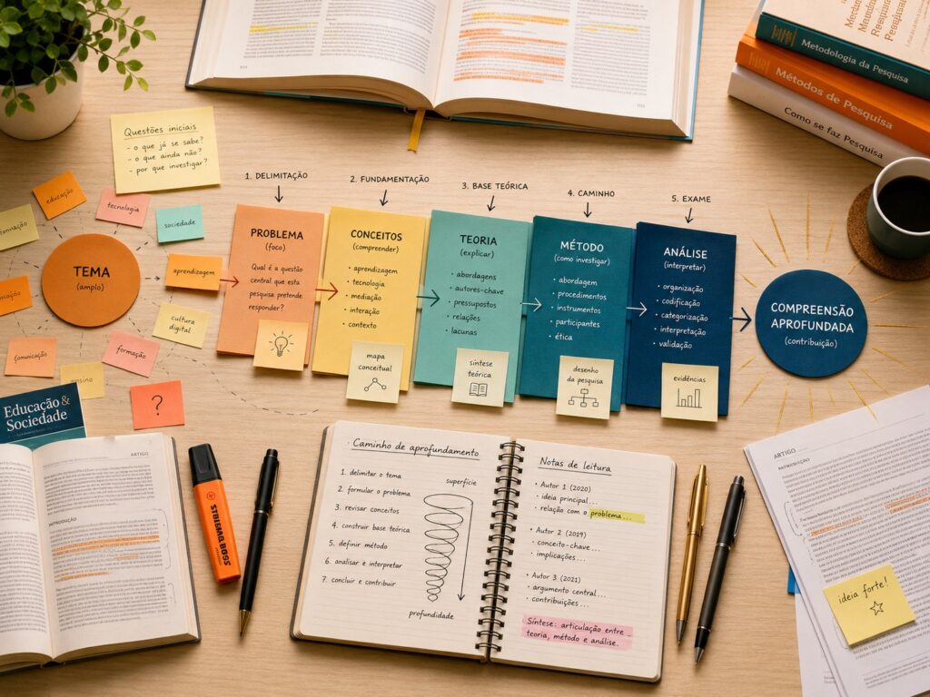 Processo de aprofundamento de trabalho acadêmico com tema, problema, conceitos, teoria, método e análise organizados visualmente sobre uma mesa de estudos.