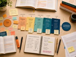 Processo de aprofundamento de trabalho acadêmico com tema, problema, conceitos, teoria, método e análise organizados visualmente sobre uma mesa de estudos.