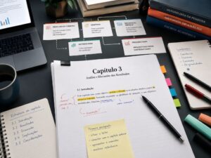 Mesa de estudo com capítulo de dissertação em construção, anotações sobre problema de pesquisa, objetivos, metodologia e dúvidas sobre o primeiro parágrafo.