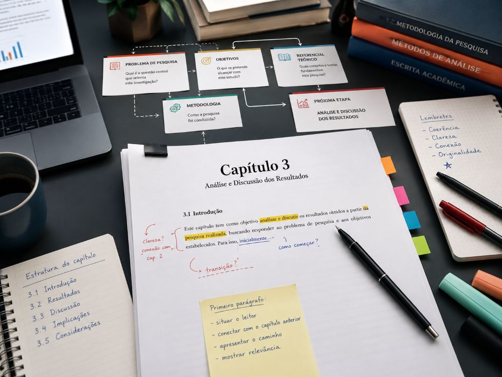 Mesa de estudo com capítulo de dissertação em construção, anotações sobre problema de pesquisa, objetivos, metodologia e dúvidas sobre o primeiro parágrafo.