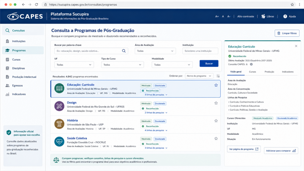 Simulação de consulta a programas de pós-graduação na Plataforma Sucupira da CAPES.