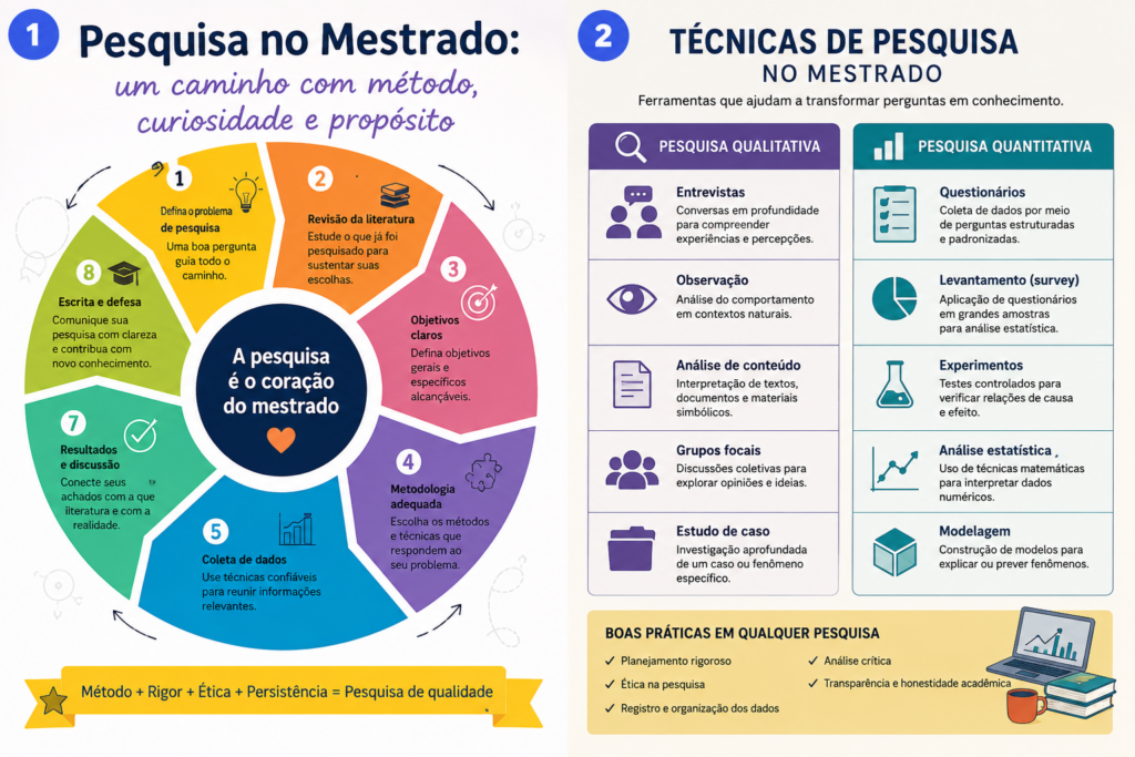 Infográfico sobre pesquisa no mestrado, mostrando etapas do percurso investigativo e técnicas de pesquisa qualitativa e quantitativa.