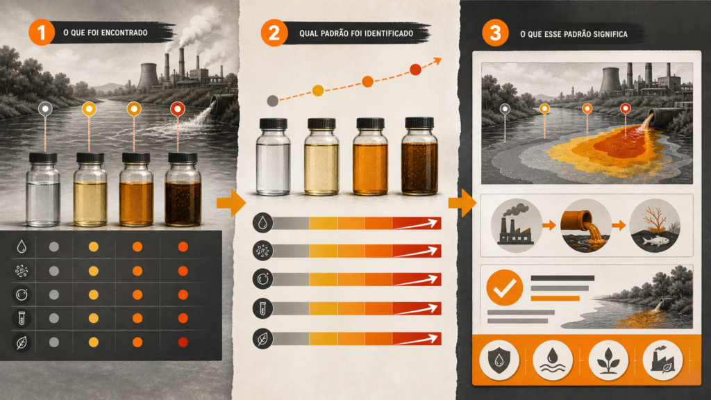 Materiais de uma pesquisa ambiental são organizados, comparados e relacionados a um padrão de qualidade da água, representando a transformação dos resultados em uma interpretação acadêmica.