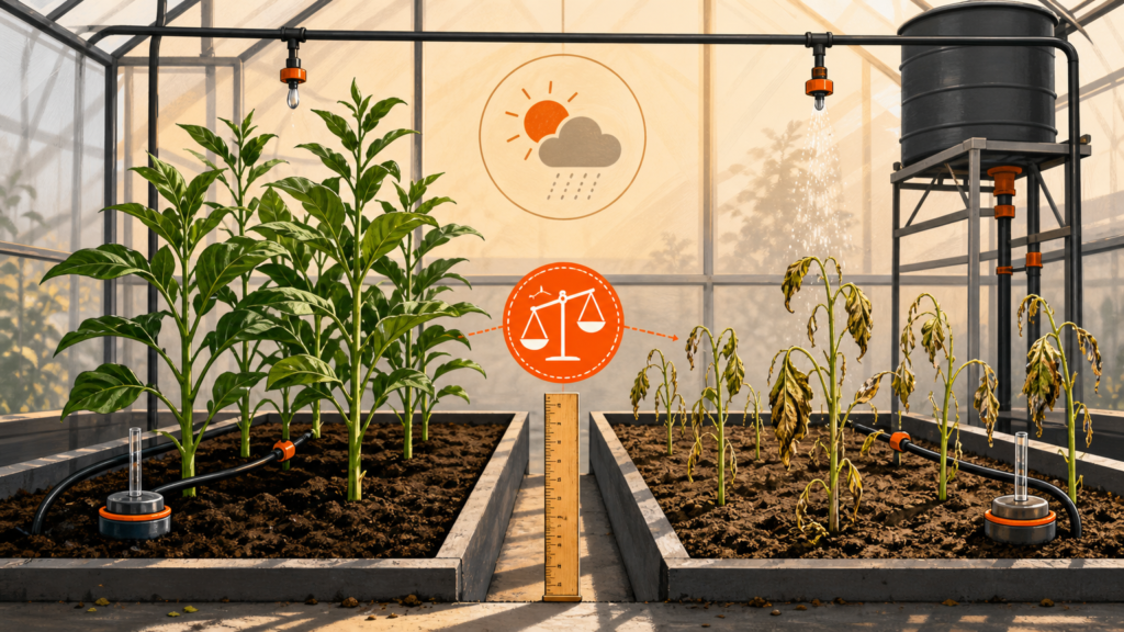 Experimento agrícola em uma estufa mostra plantas com diferentes condições de crescimento, níveis de irrigação e alturas, representando a interpretação cuidadosa dos resultados de uma pesquisa.